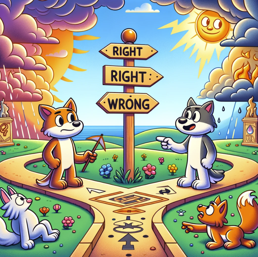 image depicting the concept of morality is ready. It features anthropomorphic animals at a crossroads, discussing the choice between right and wrong, with symbolic elements to illustrate the metaphorical choice between good and evil