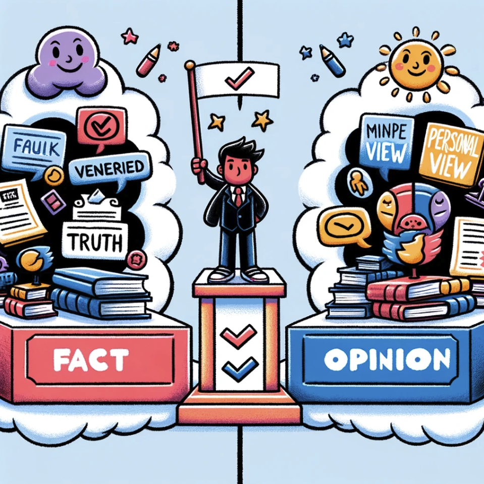 image that vividly contrasts 'Fact' and 'Opinion,' illustrating the fundamental differences between verified truths and personal views through creative and engaging characters