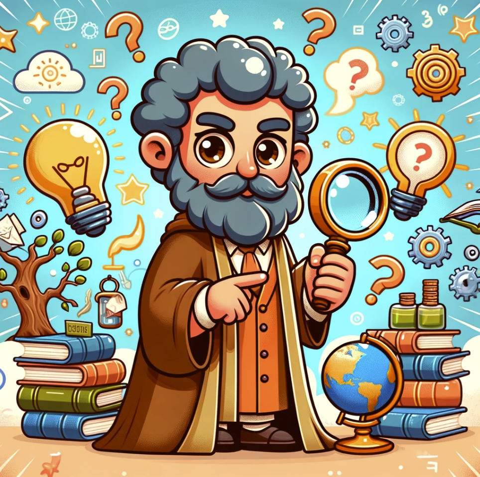 image that creatively visualizes the concept of epistemology, featuring a character on a quest for knowledge and truth, surrounded by symbols that represent the pursuit and understanding of knowledge