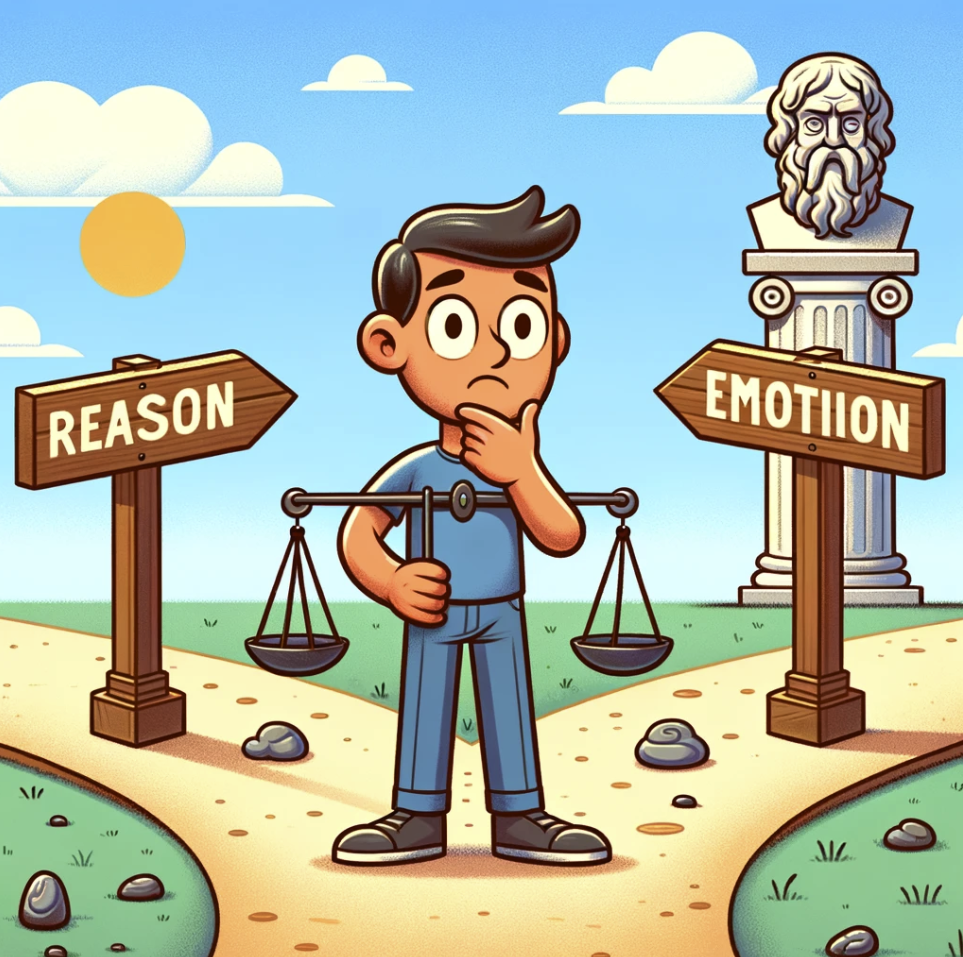 image that brings to life the concept of rationality in philosophy, showing a character at a crossroads between reason and emotion, embodying the philosophical debate between logic and feeling